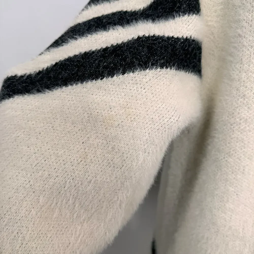 Sleeping on Snow Mod Chevron Kimono Sweater Cream Black Boho Open Front Size OS